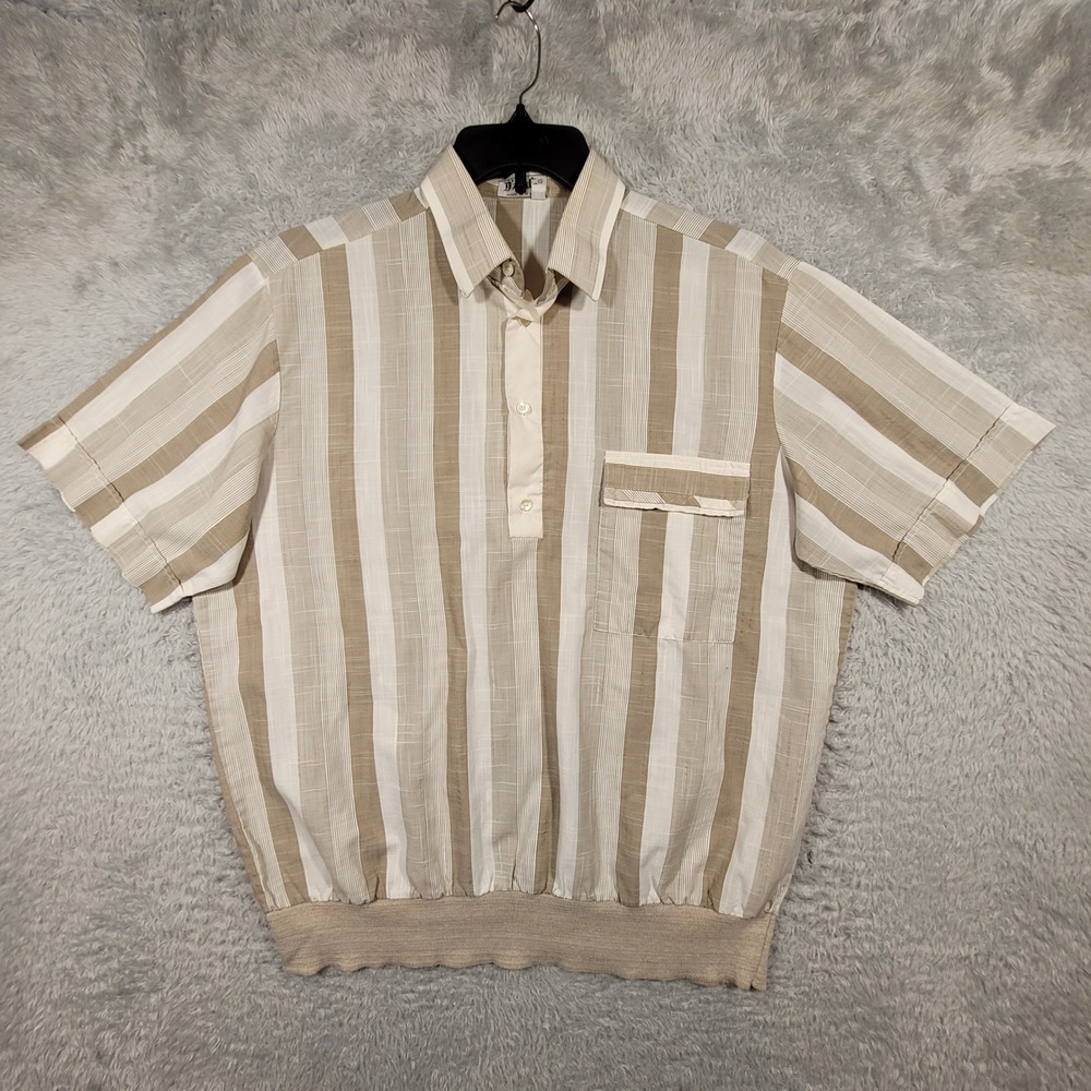D'Avila Polo Shirt Mens XL Tan Vertical Striped Banded Bottom Short Sleeve USA